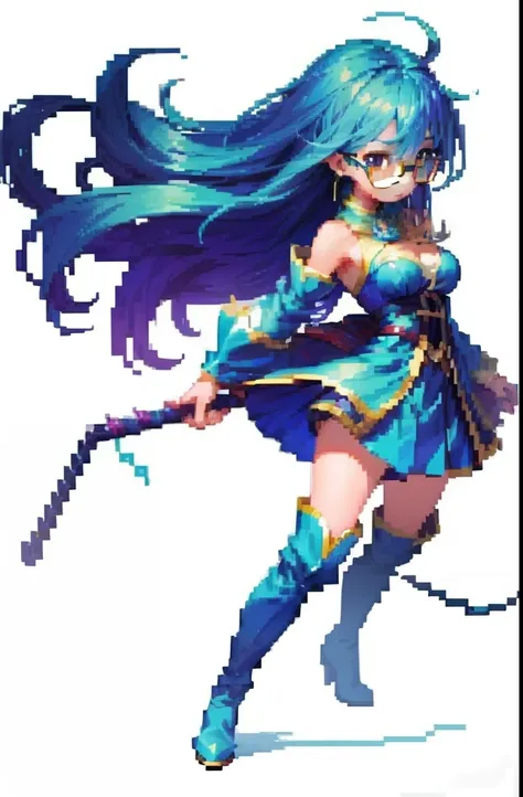 Pixel art、simple background、fantasy、magic使い、glasses、knee high boots、cane、magic、effect、Wind、