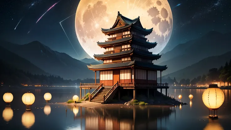 ((((masterpiece))), (((highest quality))), Golden ancient japanese architecture poster on full moon background, positive vision super full moon, chinese loft, lake, reflection, reflection, fantasy art, architecture background huge full moon, flying lantern...