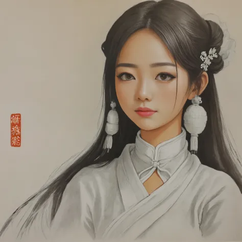 uma garota, cabelo rosa ,olhos roxos, pintura a tinta tradicional chinesa