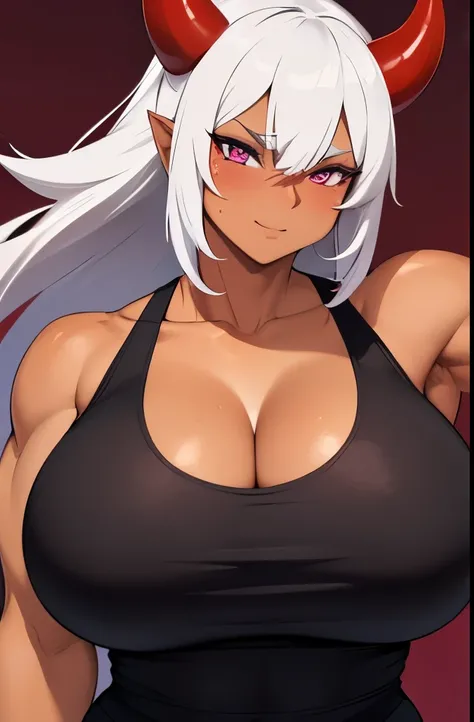 A closeup of a tanned, dominant oni girl. She is muscular and voluptuous; has white hair; has red-colored skin; has red horns; has purple eyes. She is wearing a black tanktop.