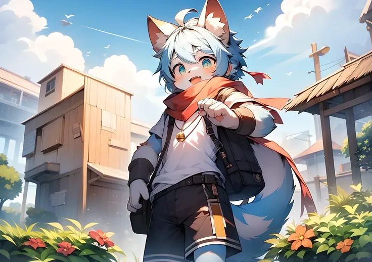 site，garden，Adhesive bandage，short hair，blond，ahog，bell，earphone，lower body，child，hairy，cat ears，open mouth，cloud，Sky，Sky空，sun，在夏Sky，No spot，Cubs，There are blue fur everywhere，There&#39;s blue fur everywhere，cat ears，Cat type，hairy的大尾巴，masterpiece，high qua...