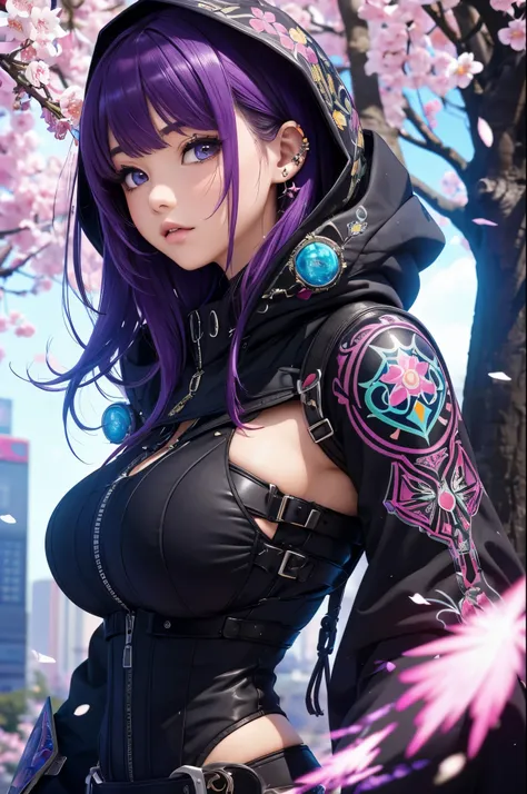 (masterpiece, top quality, best quality, official art, beautiful, cosmic, atmospheric, psychedelic, dreamlike and aesthetic, the most beautiful and highly detailed Harajuku-inspired hooded cyberpunk battle armor, super huge enormously gigantic tits, tons o...