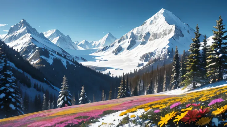 high quality, detailed, beautiful scenery, (forest), one half is a sunny forest covered in colorful flowers, the other half of the image is frozen and covered in snow, snowy mountains in background