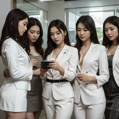 A Japanese-looking man in a white suit is playing with a mobile phone.. His face was tagged by AI.'name. There were four beautiful women as secretaries standing around..