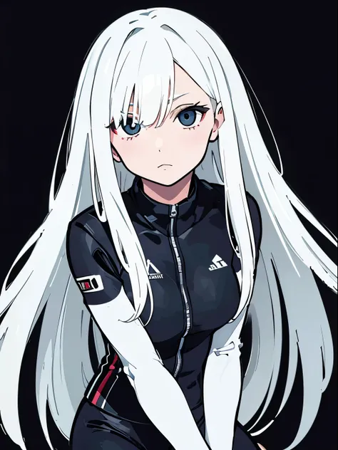 ((Racing suit)),((White hair)),(Tights),Sexy,A person,Alone,(Upper Body),Half-length photo,Simple style,Simple details,Black background,Black background wall,(Sagging hair),(20 year old woman)