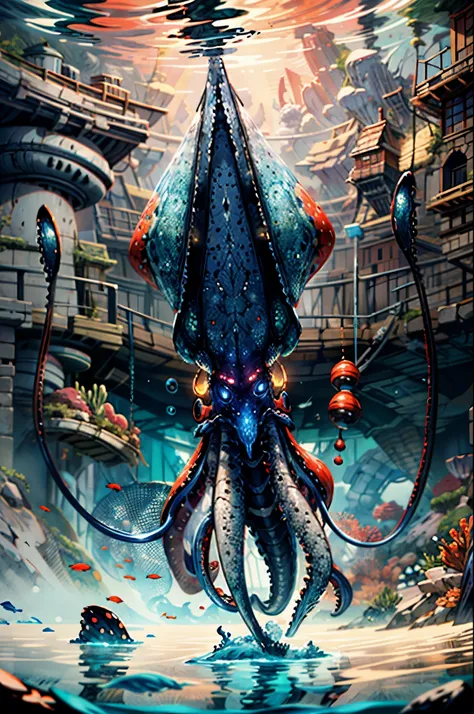 close shot  of a mythical colorful squid, big pincers, shiny multicolored skin, detailed tentacles, detailed skin, the squid is swimming under the sea, looking at viewer with the glowing eyes, blue and red and black skin, crystal, coral ,clear water,focus,...