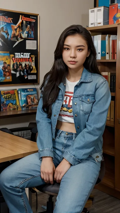 22 yo Kazakhstan woman, wearing a denim jacket and casual pants, summer at office, sitting in a chair near the comic book shelf