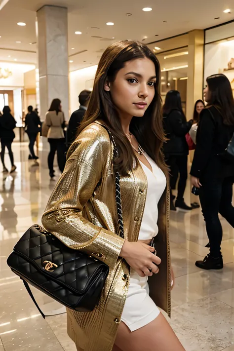 Mulher latina, olhos verdes, Morena de 36 anos com longos cabelos castanhos dourados segurando uma bolsa Chanel andando no shopping, foto do produto de alta qualidade, arte do designer, foto oficial do produto, full facial vision, bottom angle, miniatura d...