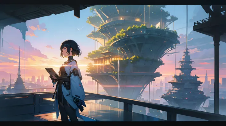 masterpiece, best quality, 16K UHD,
futuristic floating city,
contemplating the scenic beauty,
a girl in a futuristic outfit with short bobbed hair,
ultra-detailed, photo-realistic,
huge urban high-tech tablet platform,
advanced architecture blending seaml...