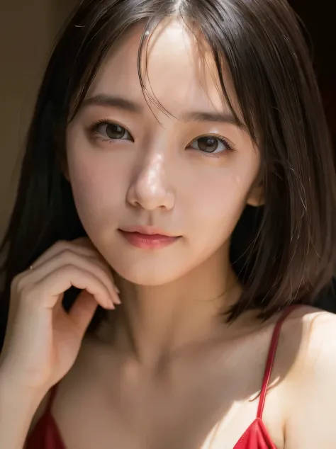 ((high quality、High resolution、masterpiece、sharp focus、realistic、RAW photo、cinematic lighting))、Photorealistic portrait of stunningly beautiful woman、3/5 shots、blush、embarrassing、smile、black eye、brown eyes、symmetrical asian face、black short hair、rich color...