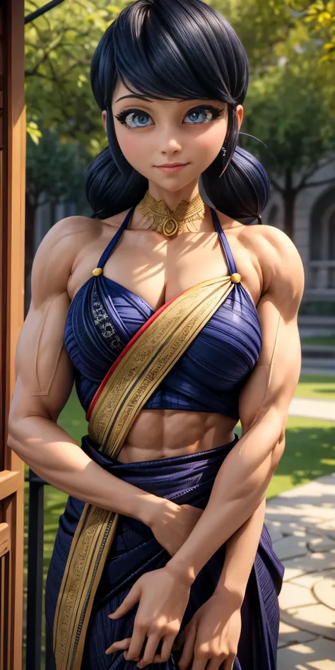 (best quality,4k,highres,masterpiece:1.2),ultra-detailed,realistic:1.37,big muscular female bodybuilder,beautiful detailed eyes,beautiful detailed lips,strong physique,two short pigtails,small (smile),rippling muscles,sturdy frame,fit around the waist,(tig...