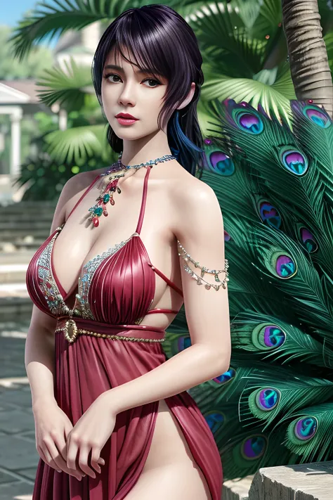 1 girl,Shandy,skirt,(Dress by (Peacock feathers)),outdoor,  (permanent,sexy model pose:1.2),jewelry,grace,(((red lips))), Lips slightly open,  clavicle,Lactation,(huge breasts),((8k, original photo, top quality, masterpiece), HD RAW color photos profession...