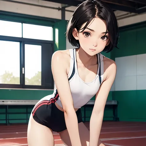 A girl, very short hair, Front View, Composition from head to thigh, slender, flat chest, One-person viewpoint, pale skin, track team, black hair