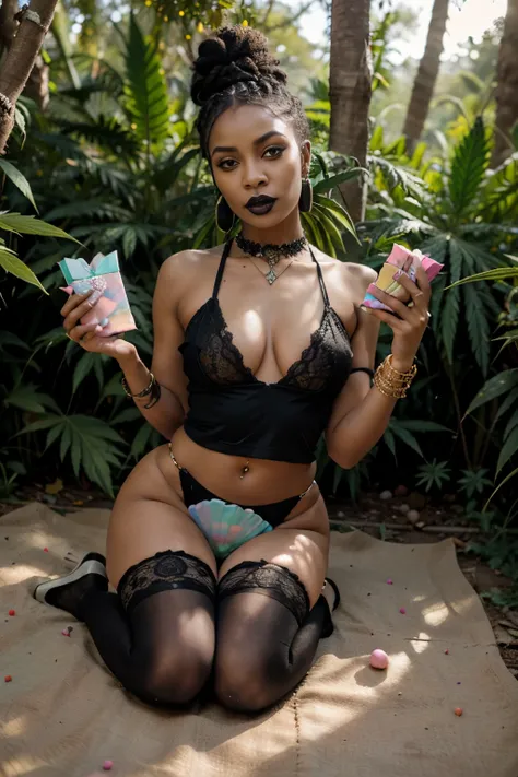 ((Benevolent ((African-American)) ((pastel goth)) goddess)) with (boxbraids hairstyle) sitting in an opulent jeweled throne while (holding and eating box of jellybeans), wearing diamond stud earrings, wearing a beautiful intricate lace top revealing dainty...