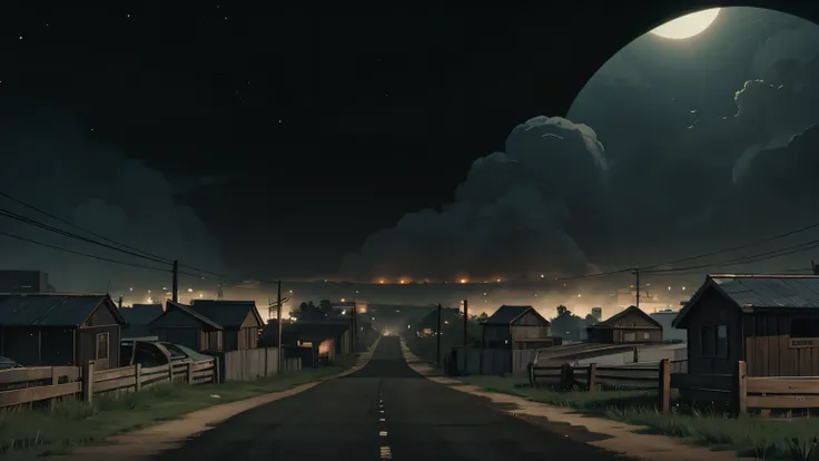 Dirt road, in the background you can see houses, gloomy night, atmosphere of terror, dirt road, fog, bats in the sky, Frontal shot.