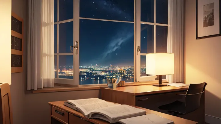 Calm study desk at night in one room