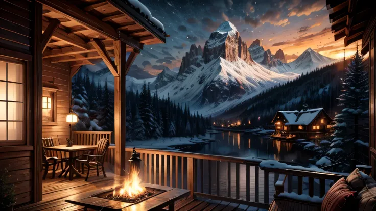 Balcony of wooden house along the mountain with a fireplace and sofa chairs, book, candles, cozy place, warm beautiful scene, cozy atmospheric, cozy environment, cozy setting, winter setting, cosy enchanted scene, very realistic, cozy atmosphere, cozy and ...