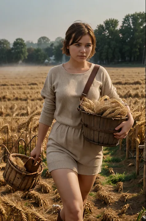 half-naked plump woman with short brown hair in Russian clothes carries buckets on a yoke in the field, ears of wheat, early morning, fog, Full-face face