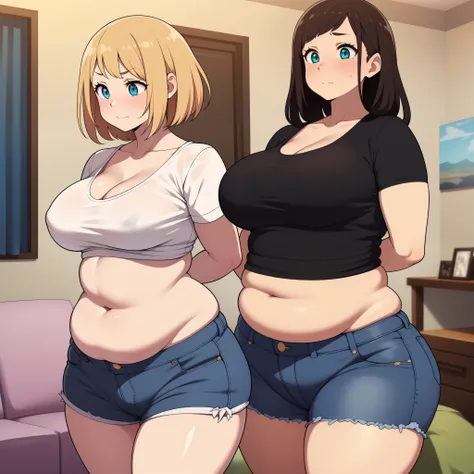 ((highres)), Masterpiece, high quality, best quality, beautiful, perfect lighting, detailed face, ultra cute face, ((2girls)), (blush), embarrassed, one girl has blonde hair, blue eyes, crop top and shorts, one girl has brown hair, green eyes, jeans, white...