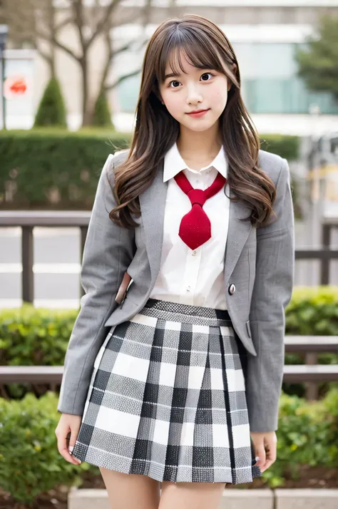 super mini skirt（gray and white plaid）A 20-year-old high school girl wearing a red tie and white shirt.