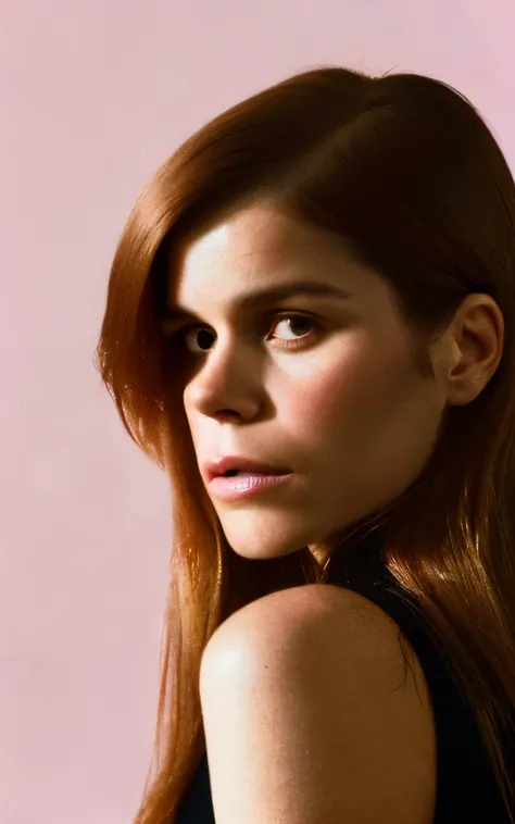 a 20 yo Kate Mara,long hair,dark theme, soothing tones, muted colors, high contrast, (natural skin texture, hyperrealism, soft light, sharp),red background,simple background,