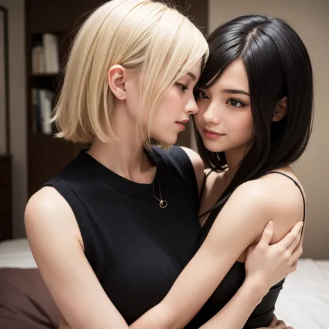 Lesbian couple, Girls looking at each other, girl blonde, black haired girl, girlfriends, girls love, looking, hug, 