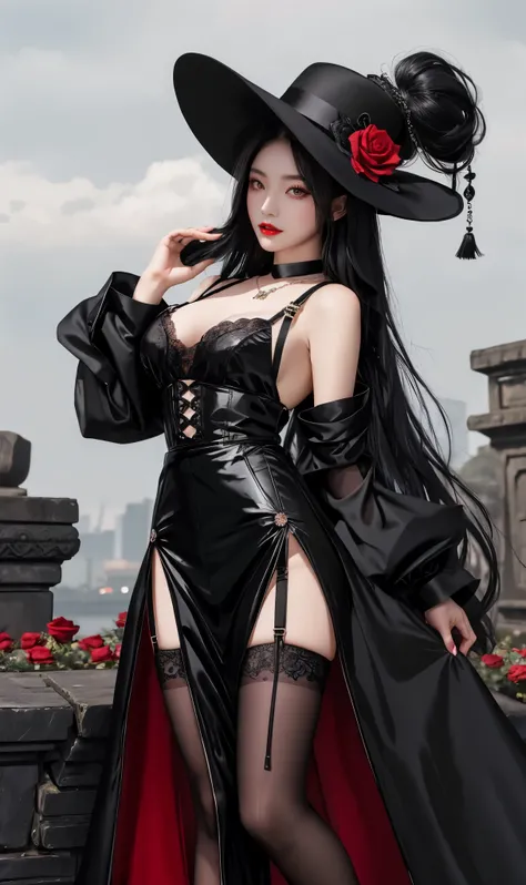 long black hair,close up,dream world,Elf royal sister,stand one step,long black hair凌乱的发丝,red lips,Nice red eyes,ruins background,Black Rose Garden,grace,Manicure,Huge wide-brimmed black hat,(Black lady hat),necklace,humanoid,Baroque, Her skin is very whit...