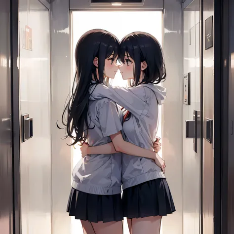 Two girls hugging in an elevator, la luz se va y es muy oscuro