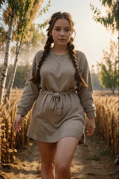 a plump woman naked from the waist down with brown hair in a braid in Russian clothes walks through the fields, ears of wheat, early morning, fog, Full-face face, against the backdrop of a birch grove