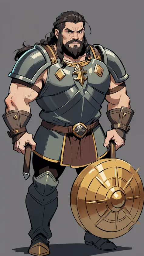 masterpiece, detailed, character, dungeons and dragons character, 1man, dwarf man, dwarf warrior, dwarf knight, (black hair), short hair, (one side tough hair braid), manly face, detailed face, detailed eyes, brown eyes, muscular strong body, ((holding [bi...