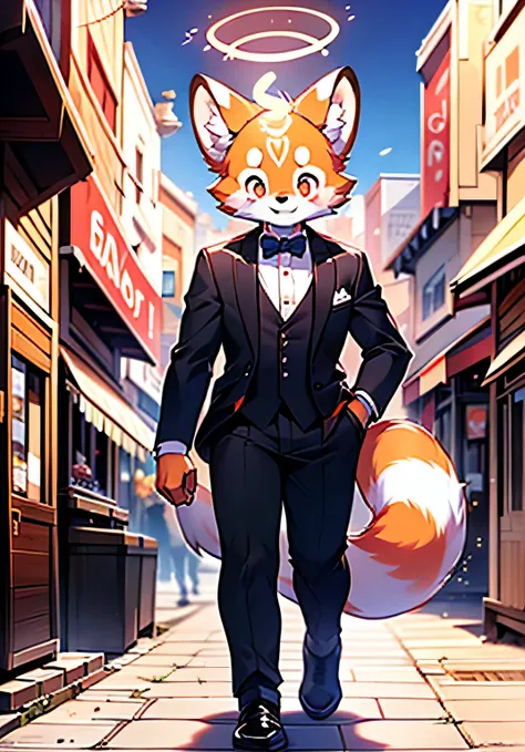 cute, Tail wagging, Character-Focused Solo, Lesser Panda, Adonis, odd eyes, Halo effect, wearing a suit, expert, walking on the street