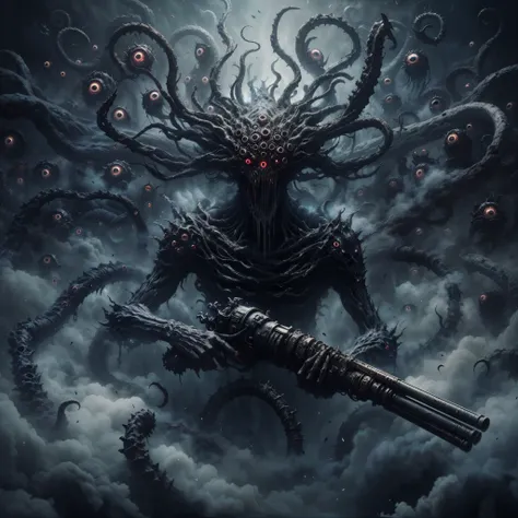 resident evil,dark soul boss, bloodborne,lovecraft evils, monster, fantasy, dark, smokey, many eyes, many tentacles, cloud like,...