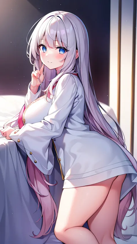 detailed， dense， masterpiece， a girl， Beautiful big breasts， Wearing a white cardigan， Everlasting，Stand by the bed，There were blankets，  white hair， 16 years old， Light滑的皮肤， 发Light的皮肤， 发Light的头发， clear eyes， 发Light的眼睛，blue eyes， pale pink lips， （The audie...