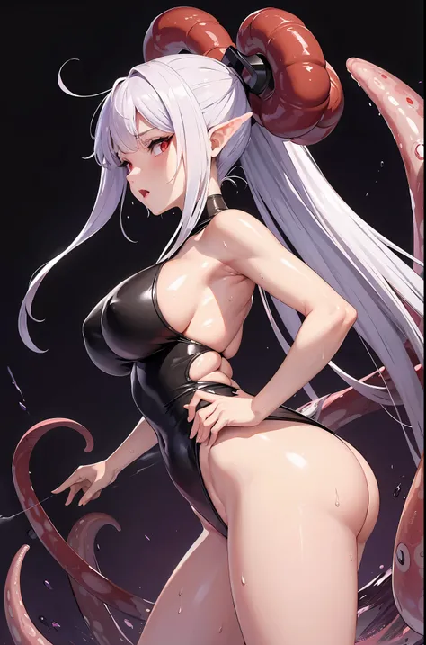 红色tentacle，red eyes，sweat，soaking wet，white hair，ty bright with a tentacle coming out from the mouth, girl, purple hair,whole body, Curved legs, curvy arms, Anime style eye outline, eyelashes too big, posture, cute posture, Good shape, nice breasts, Profil...