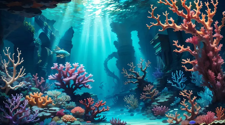 Underwater world, Deep Sea, Epic reality, (HDR: 1.4), dappled sunlight, cool colors, Ancient ruins, full of design flair, Deep-sea creatures, coral, fantastic and incredible, Epic composition , (complex part), (complex part, Ultra detail: 1.2), art station...