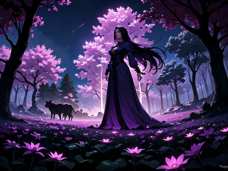 Purple Enchanted Forest, Night time, a Sorceress, silhouette, purple glowing trees, purple glowing flowers