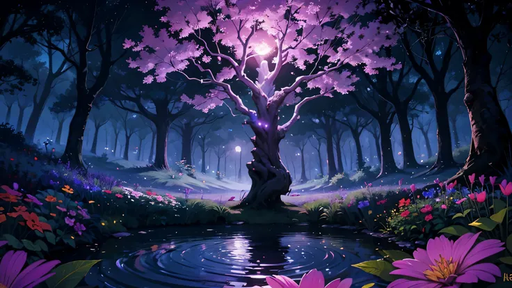 Purple Enchanted Forest, Night time, a Sorceress, silhouette, purple glowing trees, purple glowing flowers, garden of tranquility 