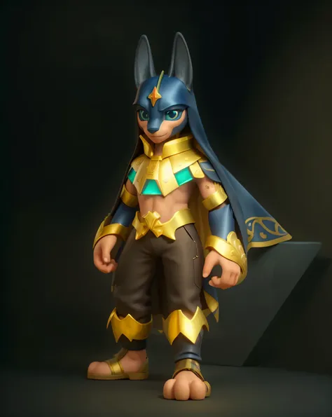 (high resolution), ((intricate details)), (Masterpiece), (((HD))), HDR, a close up of a 3D character in a costume, Anubis , portrait of Anubis , CHACAL BLUE EYES, ((dark satin cape)) , black and gold shiny armor, round blue gem at chest plate, varguyart st...