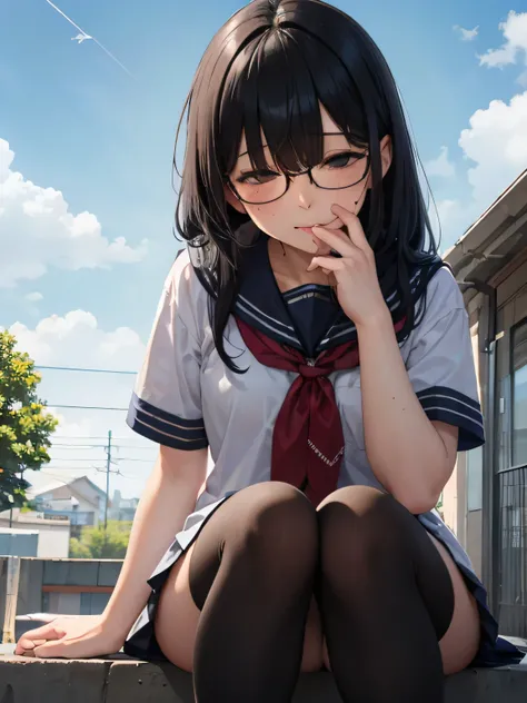 (((1 girl)))noon、((school rooftop))、high school girl、sailor suit、black tights、sitting、((eat a small piece of bread))、sober、low length、((((long bangs hide the eyes:1.5))))、((freckles))、(((long black hair:1.4)))　((hair band))(((black rim glasses:1.2　black ey...