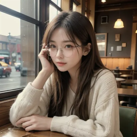 Visualize a young womanweaing eyeglasses in a cafe, immersed in the cozy ambiance. Envision her sipping a warm drink, the soft glow of the cafe lights reflecting in her eyes. Capture the details of her surroundings—the aroma of coffee, the gentle hum of co...