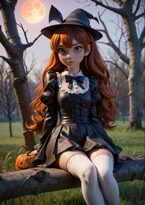 halloween、cosplay girl、lolita fashion、1 girl、1 teenager、sitting on the thick branch of a tall tree、yellow moon、dead trees、dead g...