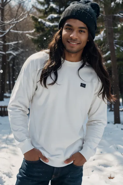 ((perfect photograph)), ((realistic)), ((8k)), (perfect face), gorgeous black man with long dark wavy hair, huge , wearing a straight long white long sweat shirt and dark jeans and a black beanie, standing towards the camera, snowing, torso facing camera, ...