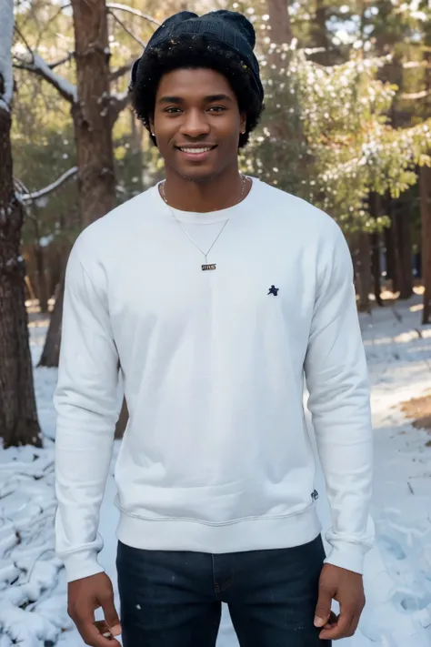 ((perfect photograph)), ((realistic)), ((8k)), (perfect face), gorgeous black man with dark afro hair, wearing a straight long white long sweat shirt and dark jeans and a black beanie, standing towards the camera, snowing, torso facing camera, outdoors, lo...