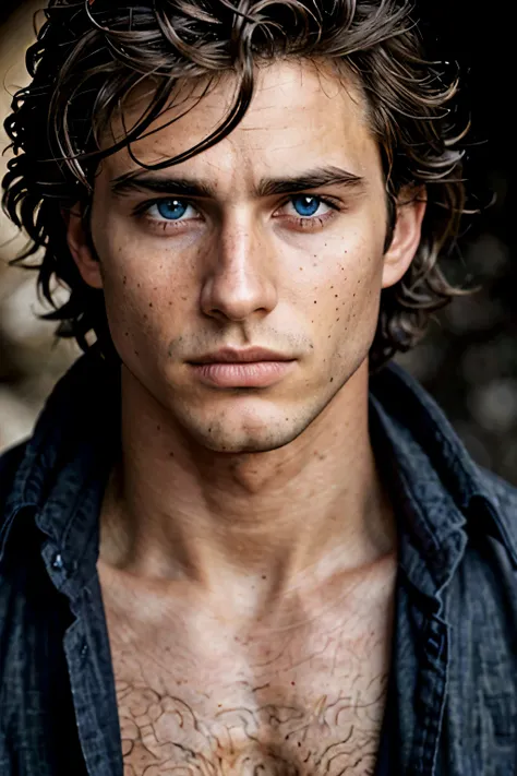 photograph of a male model, (troubled facial expression), textured skin, goosebumps, short brown messy wavy hair, shirtless, cowboy shot, dark and mysterious cave with unique rock formations and hidden wonders, perfect eyes, blue eyes, (candlelight,chiaros...