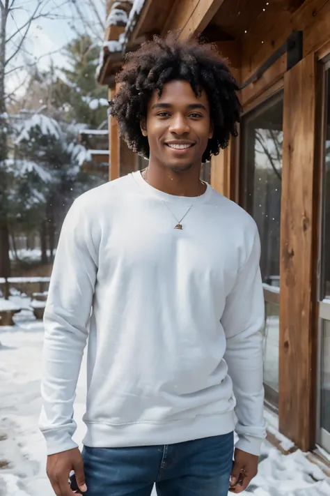 ((perfect photograph)), ((realistic)), ((8k)), (perfect face), gorgeous black man with dark afro hair, wearing a straight long white long sweat shirt and dark jeans, standing towards the camera, snowing, torso facing camera, outdoors, lots of light, smilin...