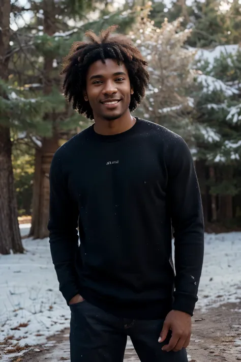 ((perfect photograph)), ((realistic)), ((8k)), (perfect face), gorgeous black man with dark afro hair, wearing a straight long black long sweat shirt and dark jeans, standing towards the camera, snowing, torso facing camera, outdoors, lots of light, smilin...