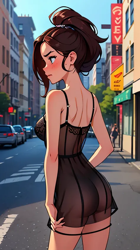 ((best quality)), ((masterpiece)), (detailed), (((perfect face))), 18yo teen girl, skinny waist, skinny thighs, crowded city street, (((humiliated:1.5))), ((standing)), (((see-through lingerie dress))), ((blushing:1.2)), ((view from behind))