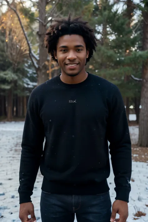 ((perfect photograph)), ((realistic)), ((8k)), (perfect face), gorgeous black man with dark afro hair, wearing a straight long black long sweat shirt and dark jeans, standing towards the camera, snowing, torso facing camera, outdoors, lots of light, smilin...