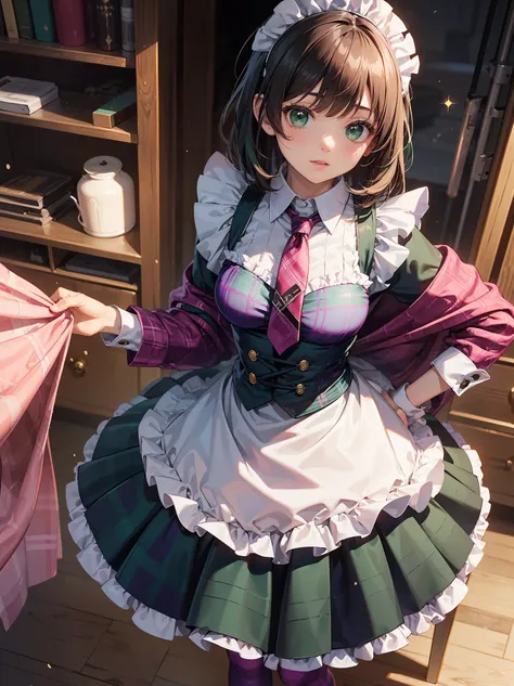 Legendary masterpieces、absolute resolution、Super detailed and realistic stick、one girl、cute girl、white brim、可愛いpink色の大きなリボン、(pink&Dark green plaid Victorian maid dress made of taffeta fabric, mainly shantung fabric and organdy fabric with beading processin...