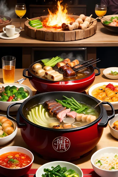 detailed，Chinese hot pot，Fat cattle，lamb leg，Green vegetables，Food on the table